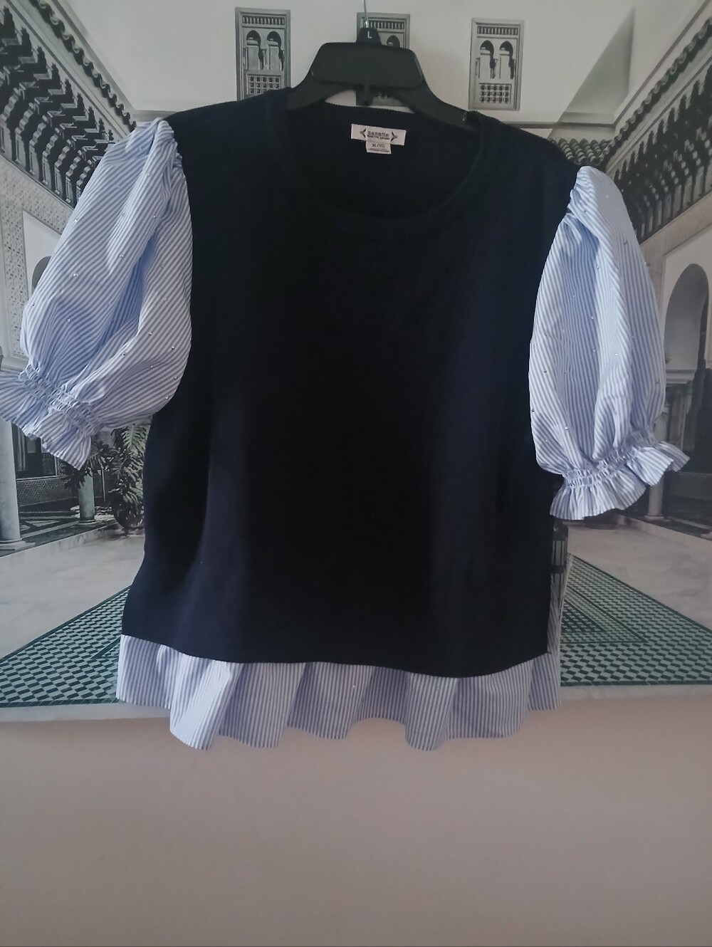 Nannette Navy Ribbed Knit Top with Blue-White Striped Sleeve Detail - Picture 9 of 12